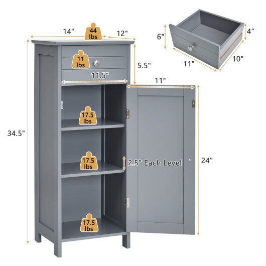 Bathroom Storage Floor Cabinet Organizer Free-Standing w/ Drawer Grey