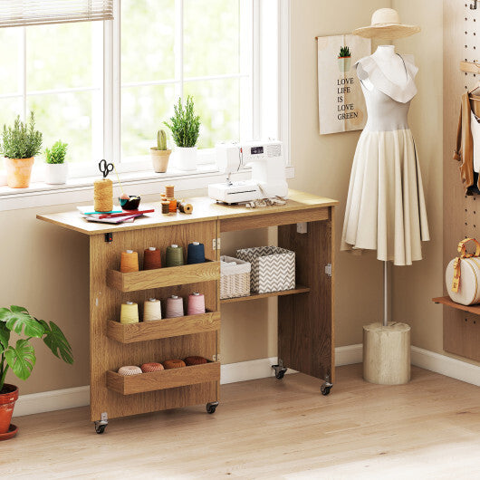 Sewing Machine Table with Charging Station and Lockable Casters-Natural