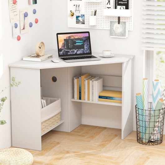 Corner Computer Desk Triangle Writing Workstation with Storage Shelf White