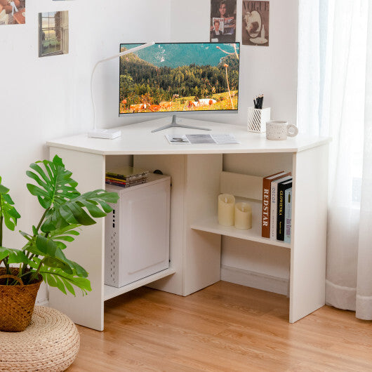 Corner Computer Desk Triangle Writing Workstation with Storage Shelf White