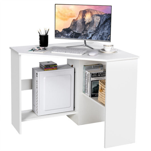 Corner Computer Desk Triangle Writing Workstation with Storage Shelf White