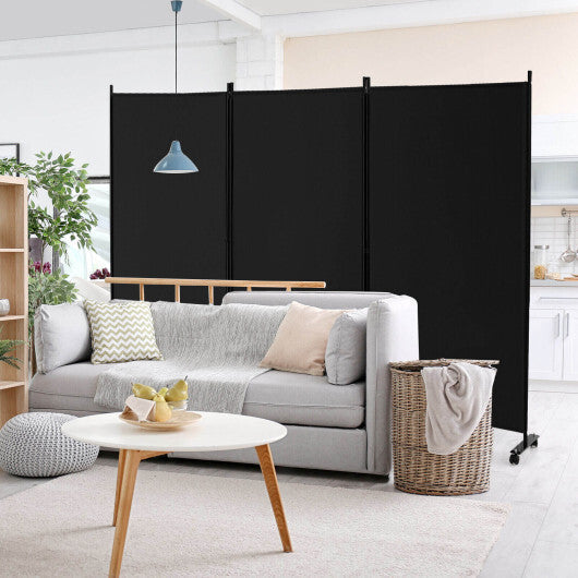 3-Panel Folding Room Divider 6Ft Rolling Privacy Screen with Lockable Wheels Black