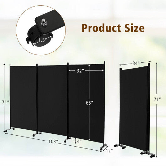 3-Panel Folding Room Divider 6Ft Rolling Privacy Screen with Lockable Wheels Black