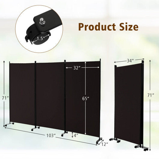 3-Panel Folding Room Divider 6Ft Rolling Privacy Screen with Lockable Wheels Brown