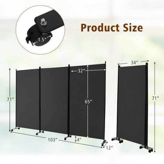3-Panel Folding Room Divider 6Ft Rolling Privacy Screen withLockable Wheels Grey