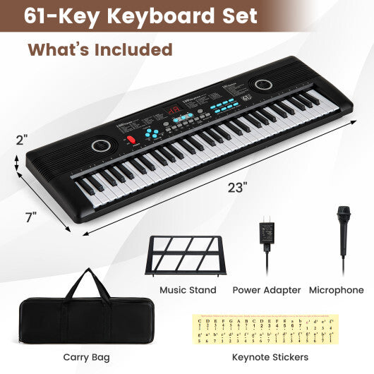61 Key Electric Portable Digital Keyboard Piano for Beginner Black