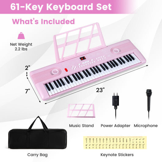Costway 61 Key Electric Portable Digital Keyboard Piano for Beginner-Pink