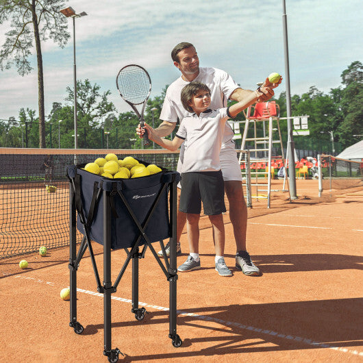 Costway Lightweight Foldable Tennis Ball Teaching Cart with Wheels and Removable Bag-Blue