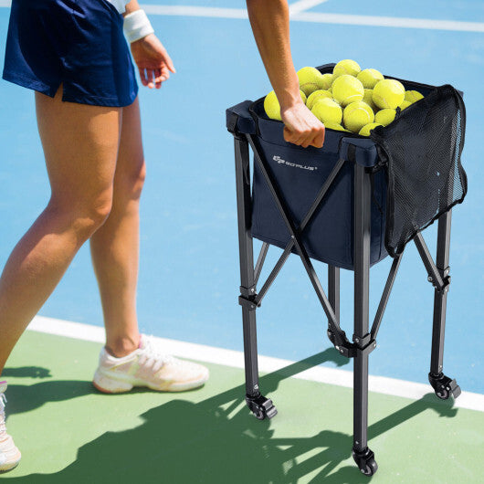 Costway Lightweight Foldable Tennis Ball Teaching Cart with Wheels and Removable Bag-Blue