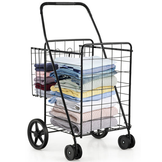 Folding Shopping Cart Jumbo Basket Grocery Laundry with Swivel Wheels Black