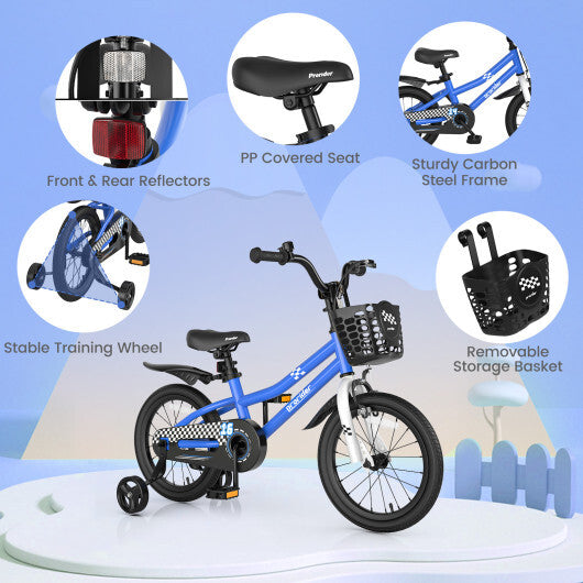 Costway 16'' Kid's Bike with Removable Training Wheels & Basket for 4-7 Years Old Blue
