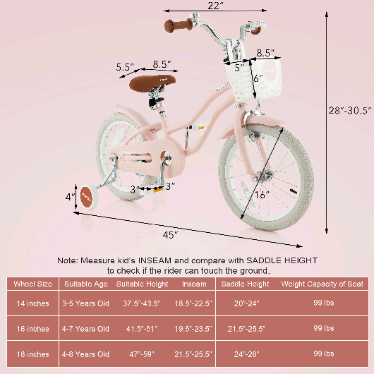 Costway 16'' Kids Bike Toddler Adjustable Bicycle withTraining Wheel for 4-8 Years Old Girl Pink