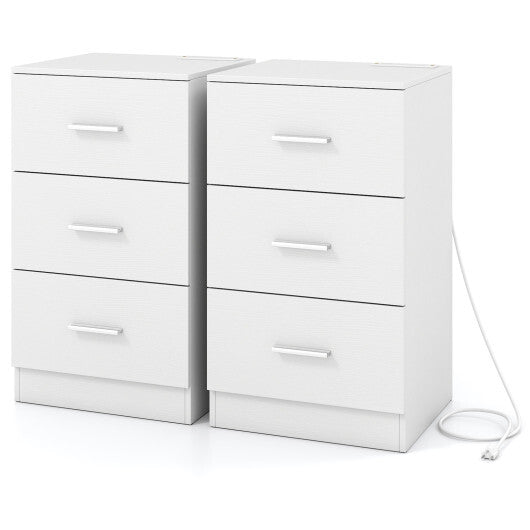 Set of 2 Nightstand with Charging Station End Table with 3 Storage Drawers Bedside Table for Bedroom-White