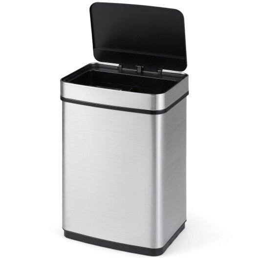 16 Gallon Trash Can Infrared Motion Sensor Garbage Can with Dual Compartments-Silver