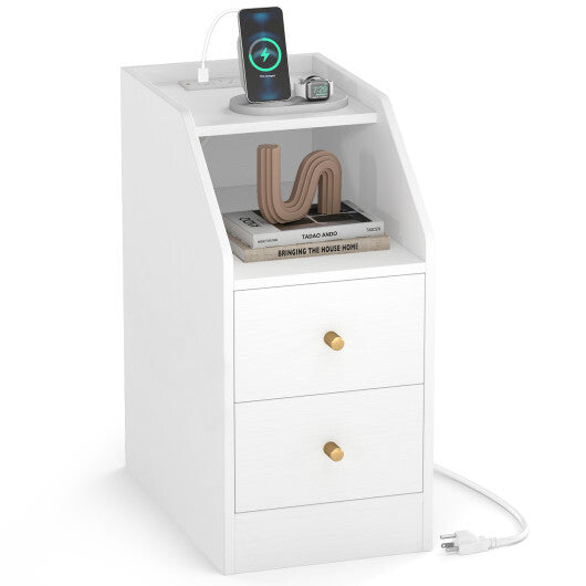 Side End Table with Charging Station Sofa Couch Table with Shelf Drawers-White