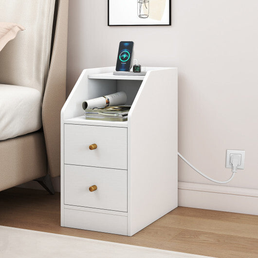 Side End Table with Charging Station Sofa Couch Table with Shelf Drawers-White