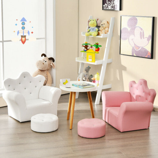 Costway Children Upholstered Princess Sofa with Ottoman and Diamond Decoration for Boys and Girls-White