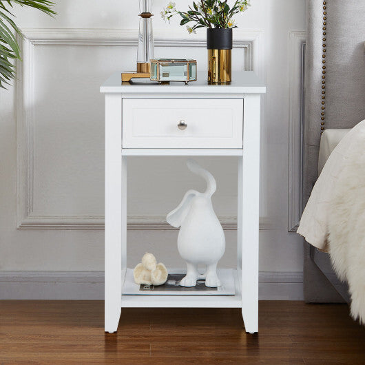 Costway Storage End Bedside Drawer Nightstand w/ Bottom Shelf-White