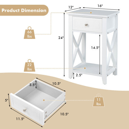 Costway Storage End Bedside Drawer Nightstand w/ Bottom Shelf-White