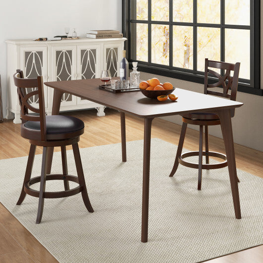Costway Set of 2 Bar Chairs 360? Swivel with Leather Cushioned Seat and Rubber Wood Frame-24 inch