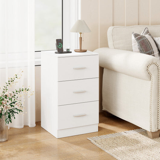Nightstand with Charging Station End Table with 3 Storage Drawers Bedside Table for Bedroom-White
