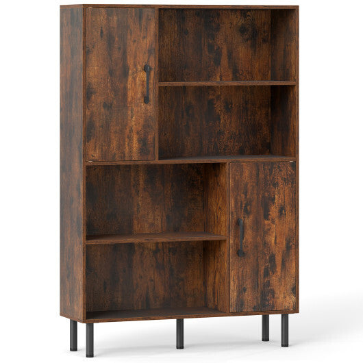 47 Inch Storage Cabinet Freestanding Bookcase with 2 Doors and 4 Open Shelves-Rustic Brown