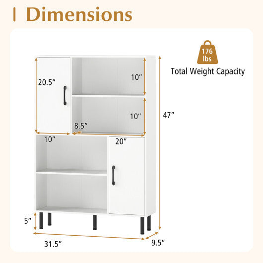 47 Inch Storage Cabinet Freestanding Bookcase with 2 Doors and 4 Open Shelves-White