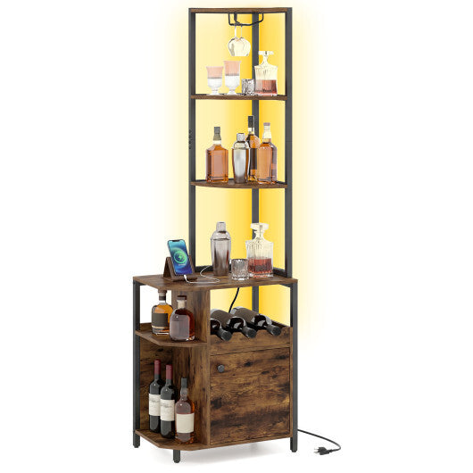 Costway 6-Tier Corner Bar Cabinet with LED Lights and Charging Station for Kitchen-Rustic Brown
