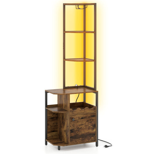 Costway 6-Tier Corner Bar Cabinet with LED Lights and Charging Station for Kitchen-Rustic Brown