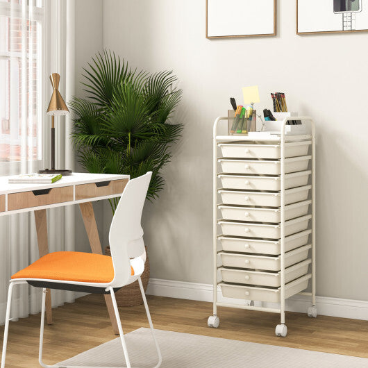 Costway 10 Drawer Rolling Storage Cart Organizer with 4 Universal Casters-White
