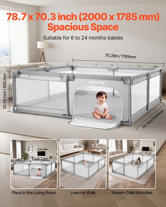 Baby Playpen, 78.7 x 70.3 Extra Large Playpen for Babies Toddlers, Indoor/Outdoor Baby Fence Play Yard, No-Gap Safety Activity Center with 50 Ocean Balls, Zippered Door & Soft Breathable Mesh