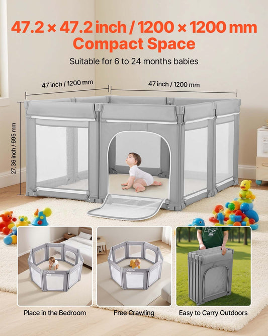 Baby Playpen, 47.2 x 47.2 Foldable Toddlers Playpen, Indoor/Outdoor Baby Fence Play Yard with Zippered Door & Soft Breathable Mesh, No-Gap Toddlers Activity Center for 6 -24 Months Babies