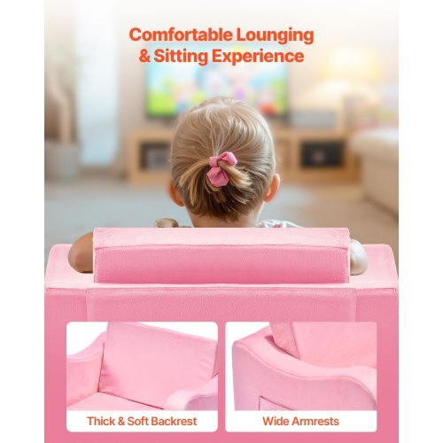 2-in-1 Kids Sofa, Foldable Toddler Soft Couch with Armrests, Made of 28D Sponge & Short Pile, Convertible Toddler Chair to Lounger, Kid Couch Fold Out for Fun Playtime or Comfy Lounging, M, Pink