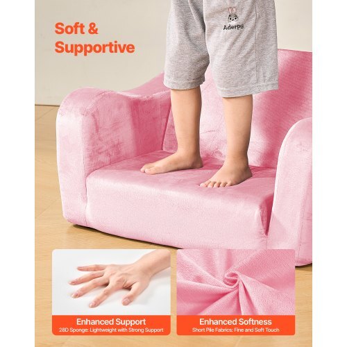 2-in-1 Kids Sofa, Foldable Toddler Soft Couch with Armrests, Made of 28D Sponge & Short Pile, Convertible Toddler Chair to Lounger, Kid Couch Fold Out for Fun Playtime or Comfy Lounging, M, Pink