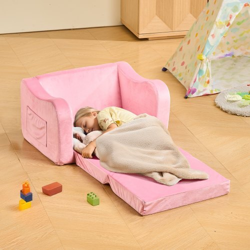 2-in-1 Kids Sofa, Foldable Toddler Soft Couch with Armrests, Made of 28D Sponge & Short Pile, Convertible Toddler Chair to Lounger, Kid Couch Fold Out for Fun Playtime or Comfy Lounging, M, Pink
