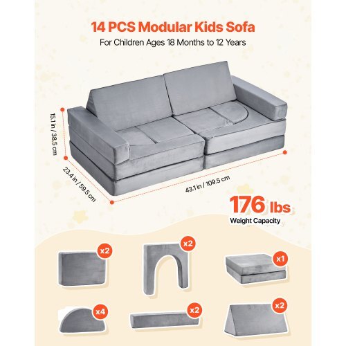Modular Kids Play Couch, Sectional Toddler Sofa with Armrests, 28D Sponge & Short Pile, Convertible Kids Modular Couch DIY Creative Combination for Playroom, Bedroom, Living Room, 14 Pcs, Gray