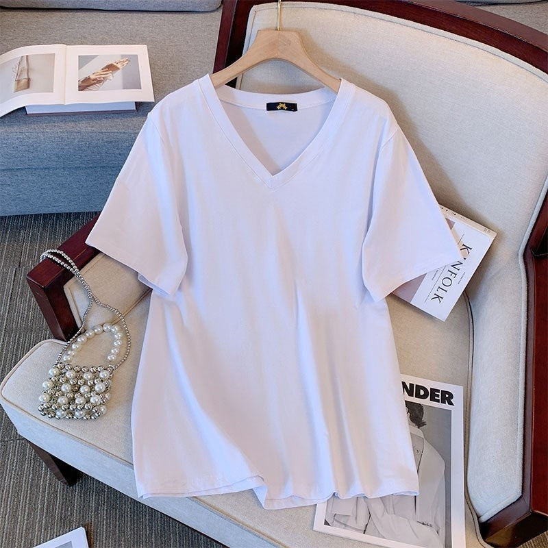 Summer Pure Cotton Short Sleeve T-shirt Top V-neck Loose