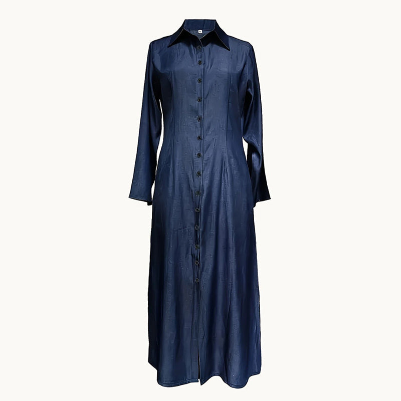 Womens Casual Button Down Denim Maxi Dress Long Sleeve Long Jean Dresses With Pockets