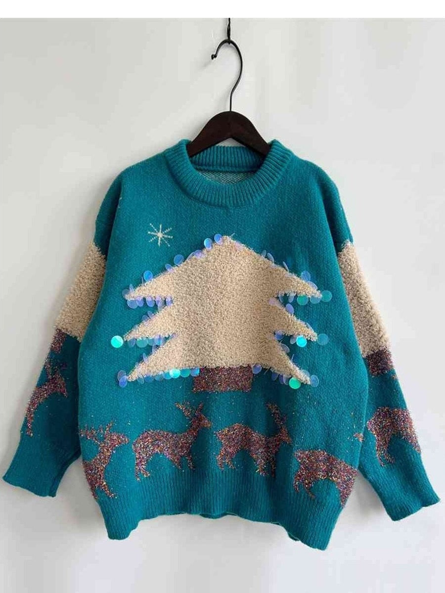 Women Sequin Christmas Tree & Reindeer Round Neck Sweater