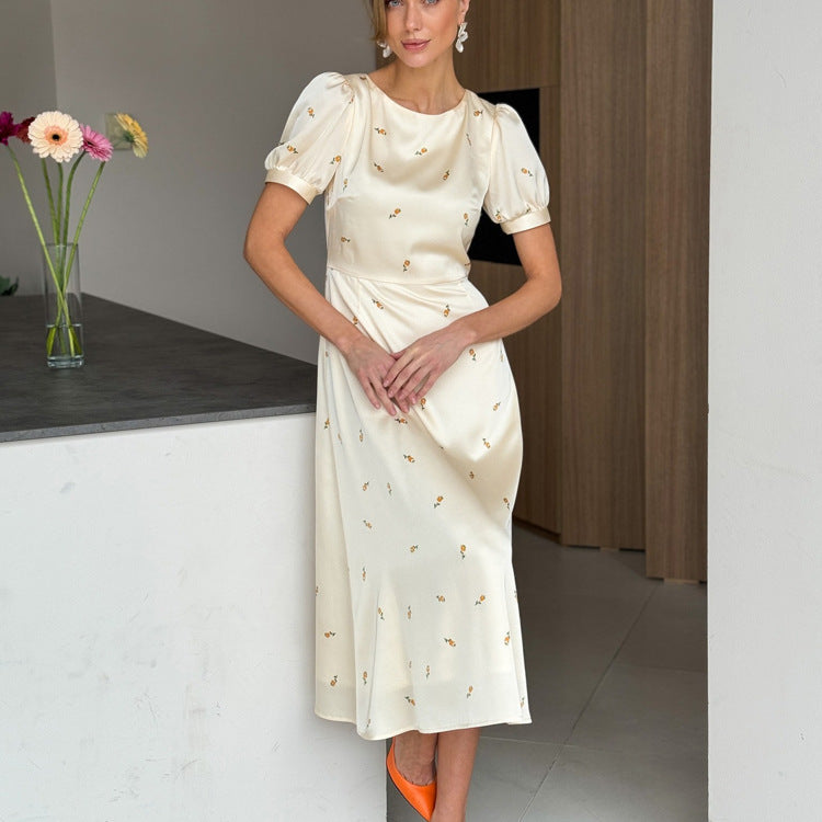 Cream Yellow Floral Print Satin Midi Dress