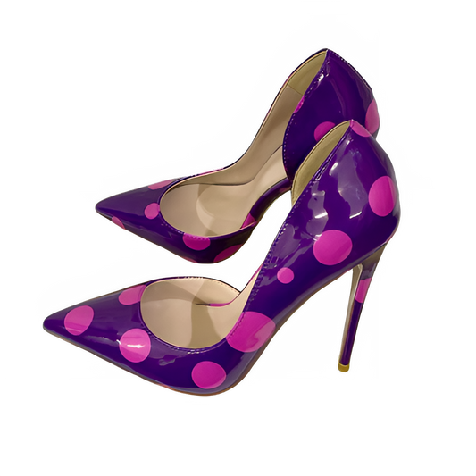 Veowalk Polka Dot Women Purple D'Orsay Side Cut Pointed Toe Stiletto Pumps Comfortable Elegant 8cm 10cm 12cm High Heel Shoes