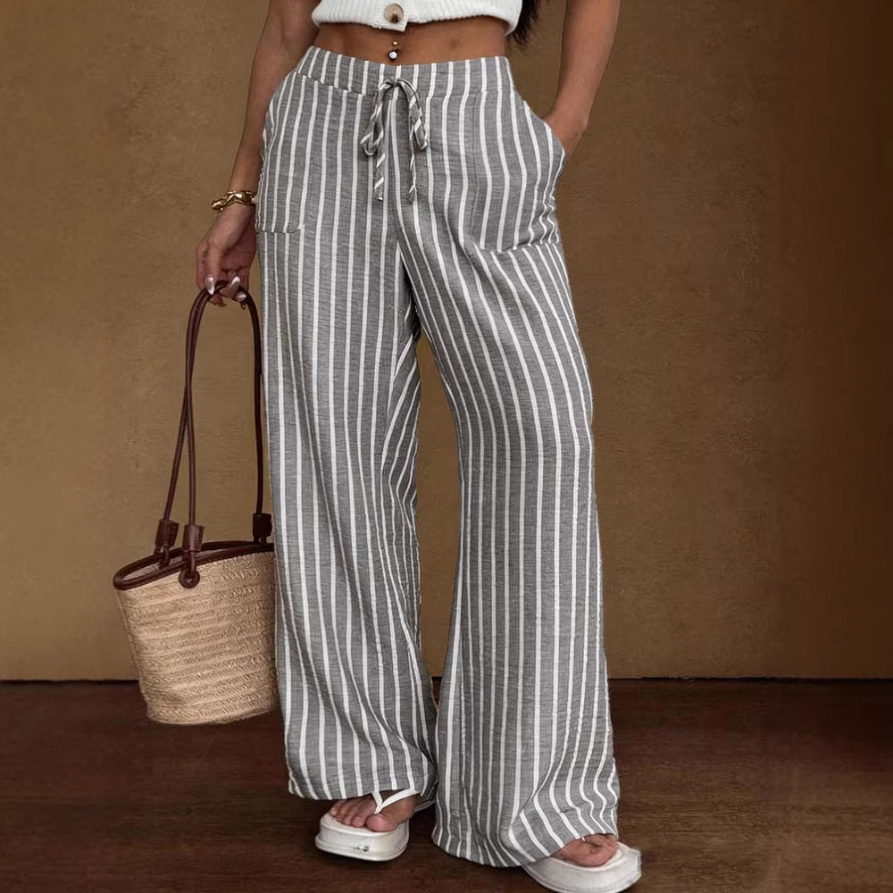 Striped Loose Commuter Casual Lace-up Elastic-waist Wide-leg Trousers