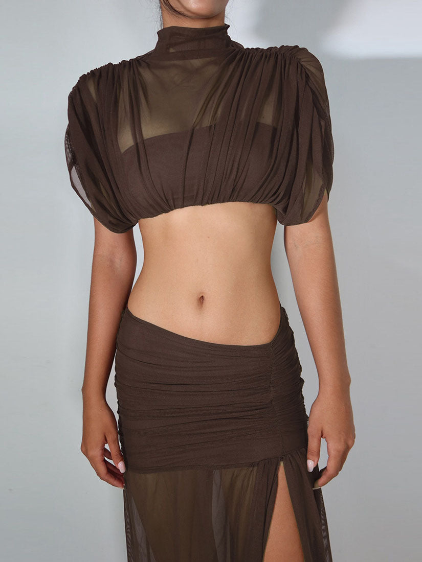 Crop Top And Solid Color Slit Skirt Set