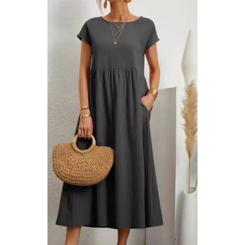 2026 New European And American Women's Round Neck Solid Color Pullover Comfortable Casual Dress