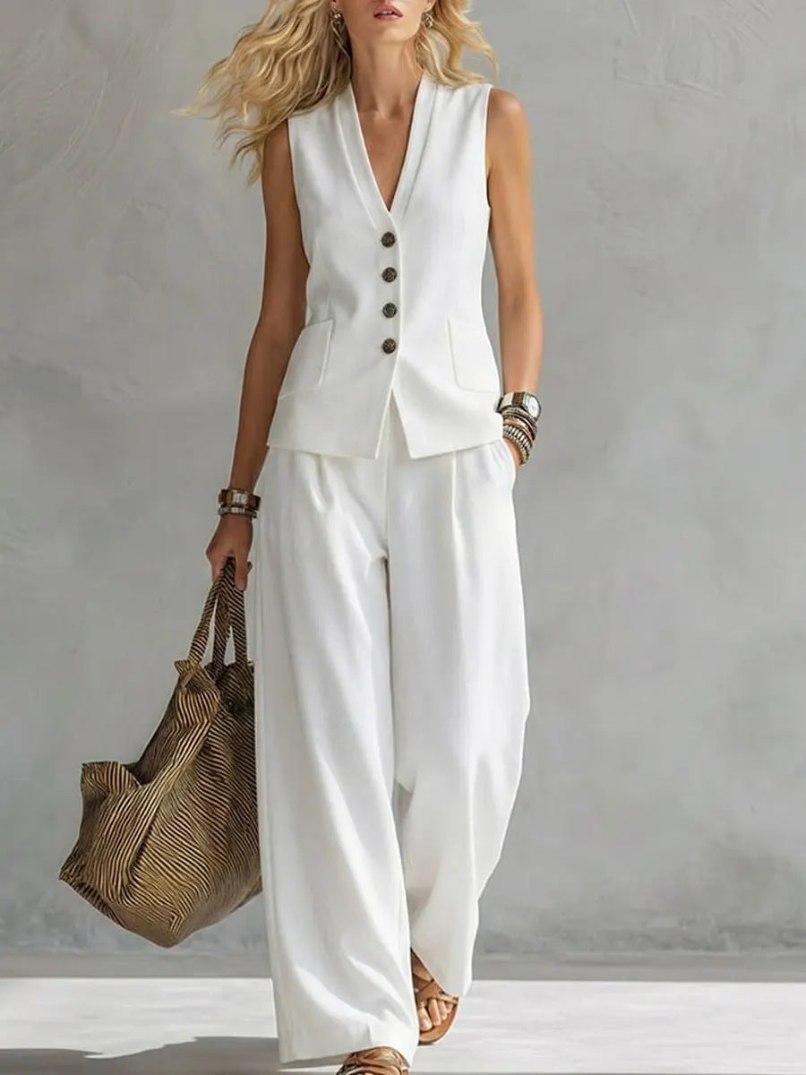 Two-piece V-Neck Sleeveless Vest And Wide Leg Pants For Women Summer Solid-Colored Sleeveless Casual Linen Tank Top And Pants Set