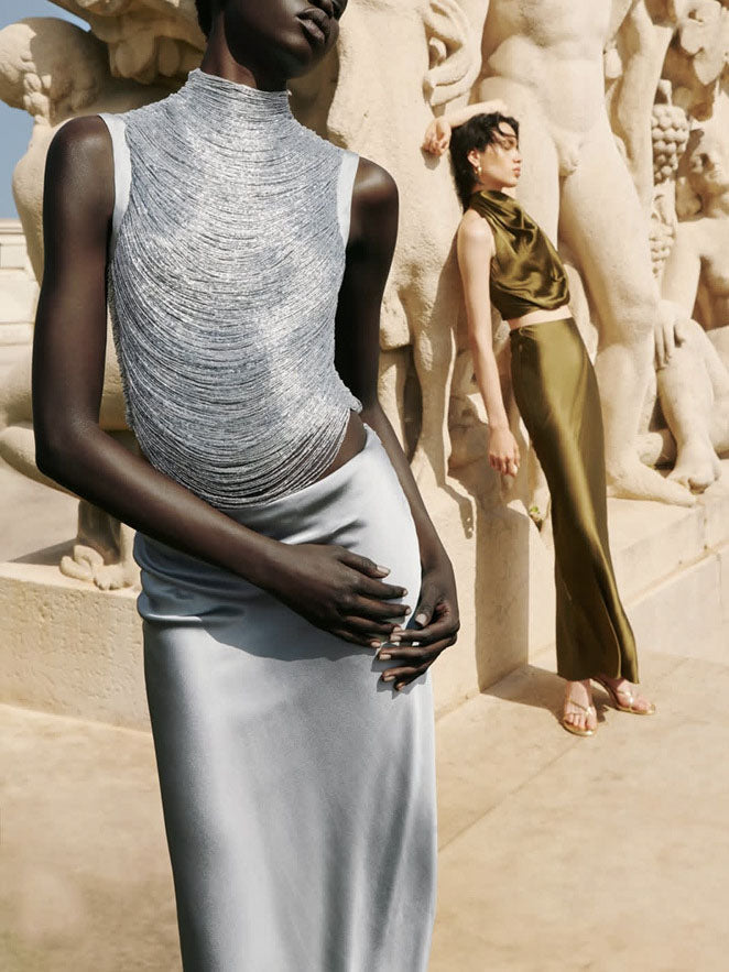 Elegant Sleeveless Tassel-trimmed Zippered Satin Fishtail Maxi Dress Set