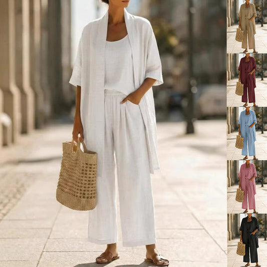 Three-piece Suit Women's Mid-length Cardigan Tank Top And Straight-leg With Pockets Fashion Trousers Set