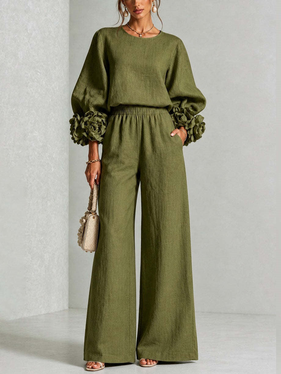 2026 New Beige European And American Style Floral Cuff Top And Wide Leg Pants Set
