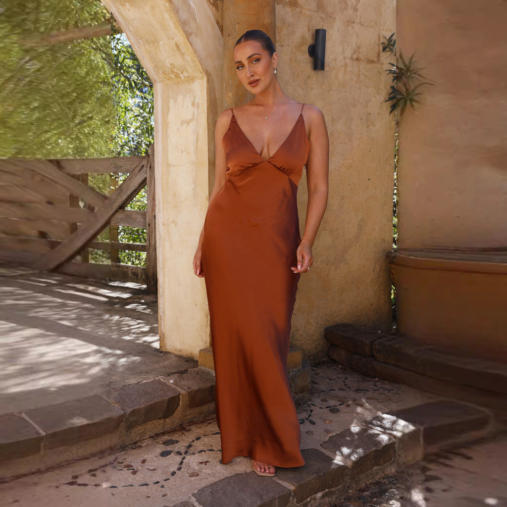 Fashion Sexy Long V-neck Sleeveless Split Backless Sling Dress