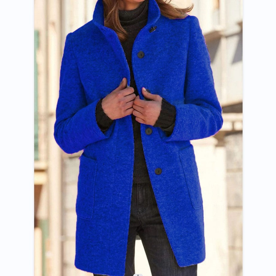 Women's Stand Collar Woolen Coat - Slim Fit Fall and Winter Button Front Trench Coat with Pockets